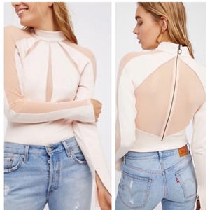 NWT~ Free People Monarch Top Mock Neck Sheer Mesh Cut Out Long Sleeve~ S